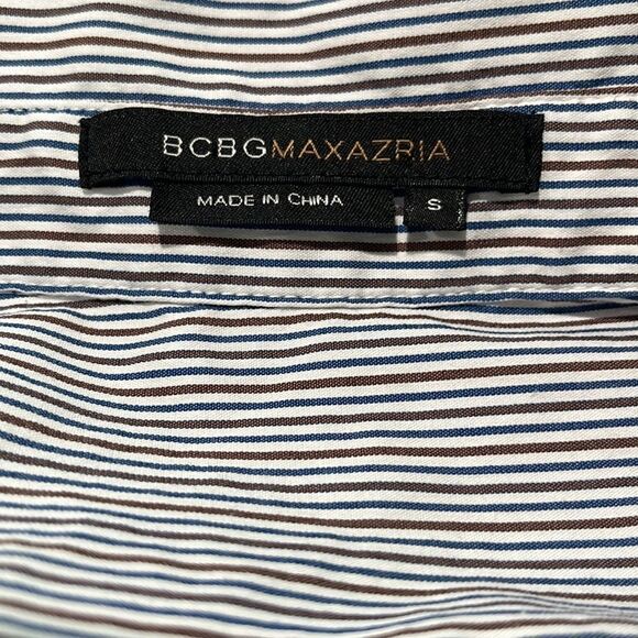 𝅺BCBGMAXAZRIA Striped Peplum Split Neck Top Sz S - Picture 13 of 15